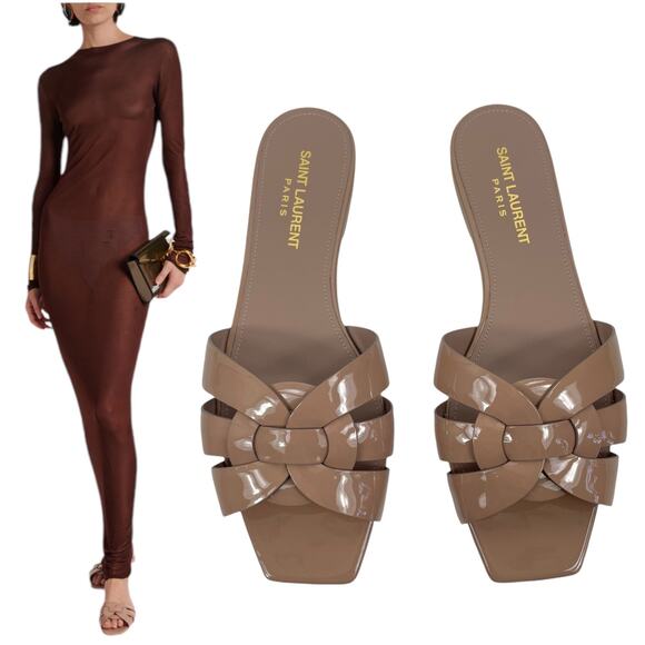 Saint Laurent YSL Tribute Nu Pieds Flat Sandal Patent Leather Nude Size 37 - Picture 1 of 12